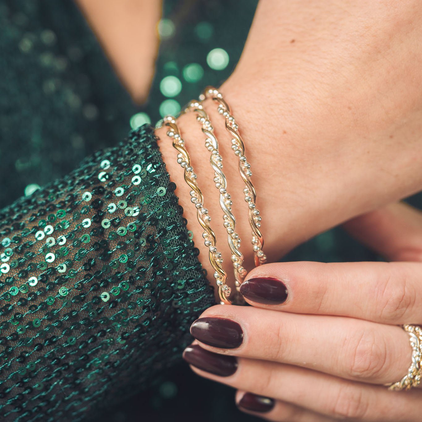 Gold Silver Twist Bangle Silver Beaded Bracelet - Main Image