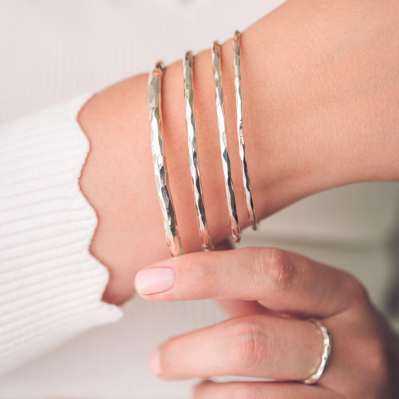 Hammered silver stacking bangles