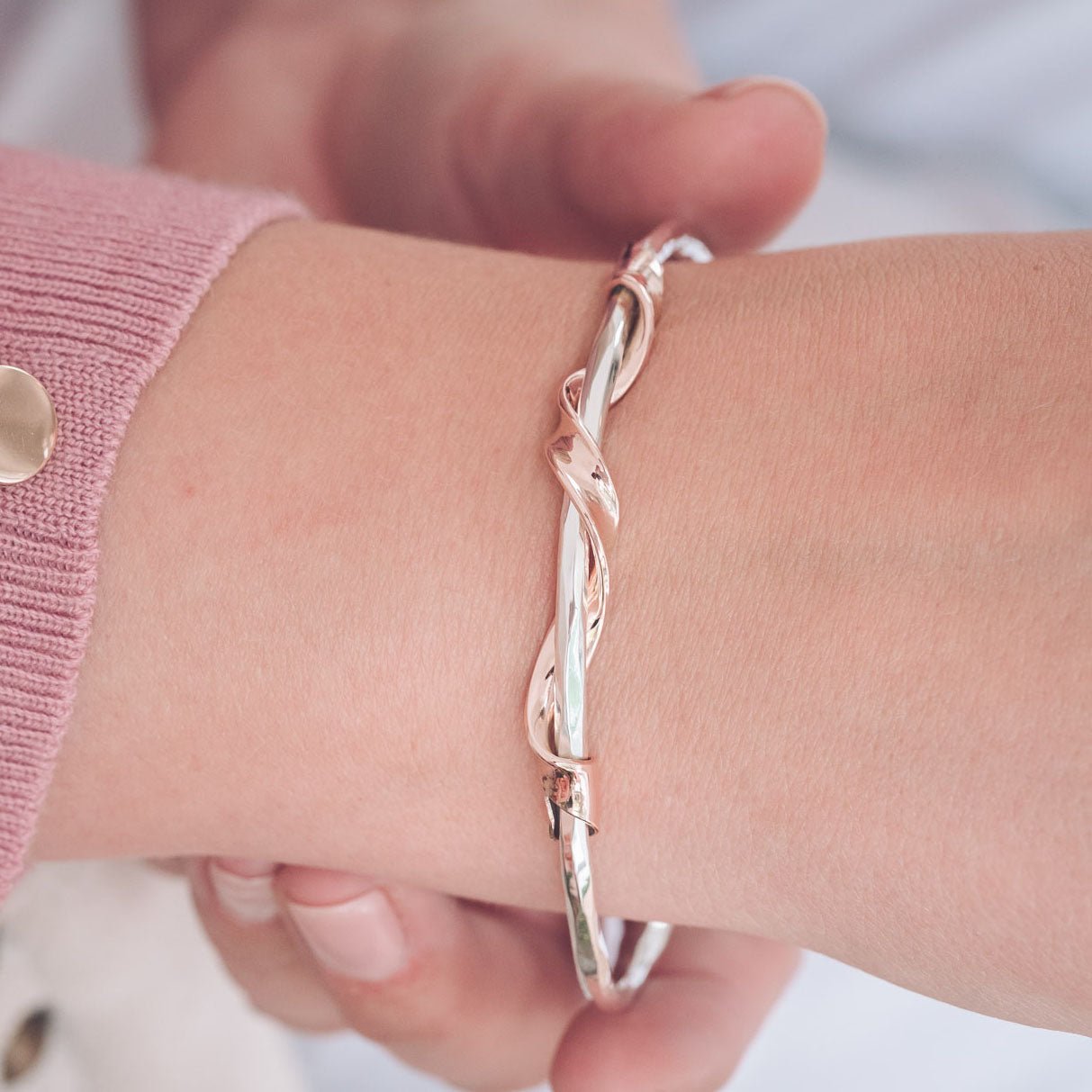 Handmade Silver Hammered Bangle with 9ct Gold Twisted Ribbon Detail