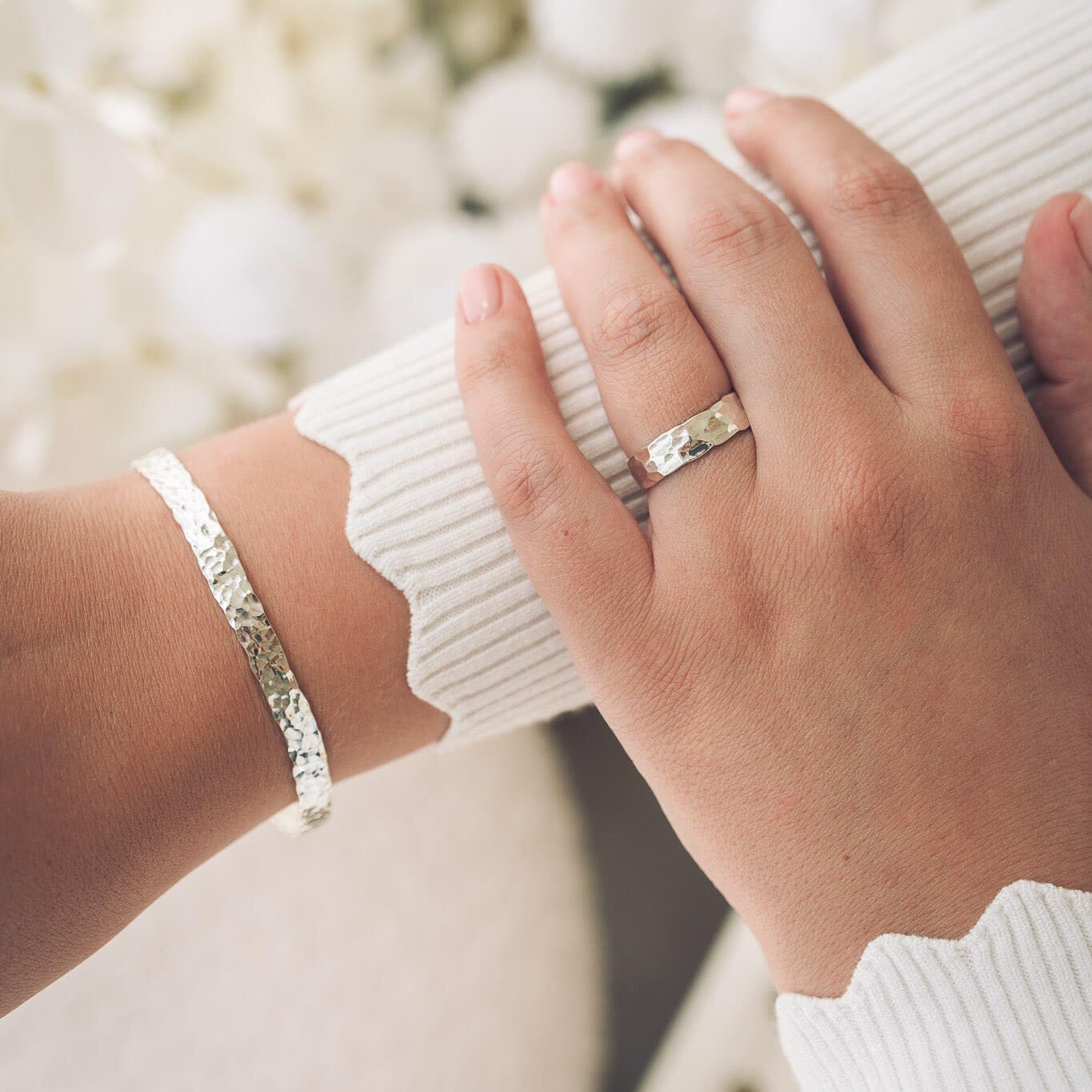 Matching silver ring and bangle with hammered textured handmade