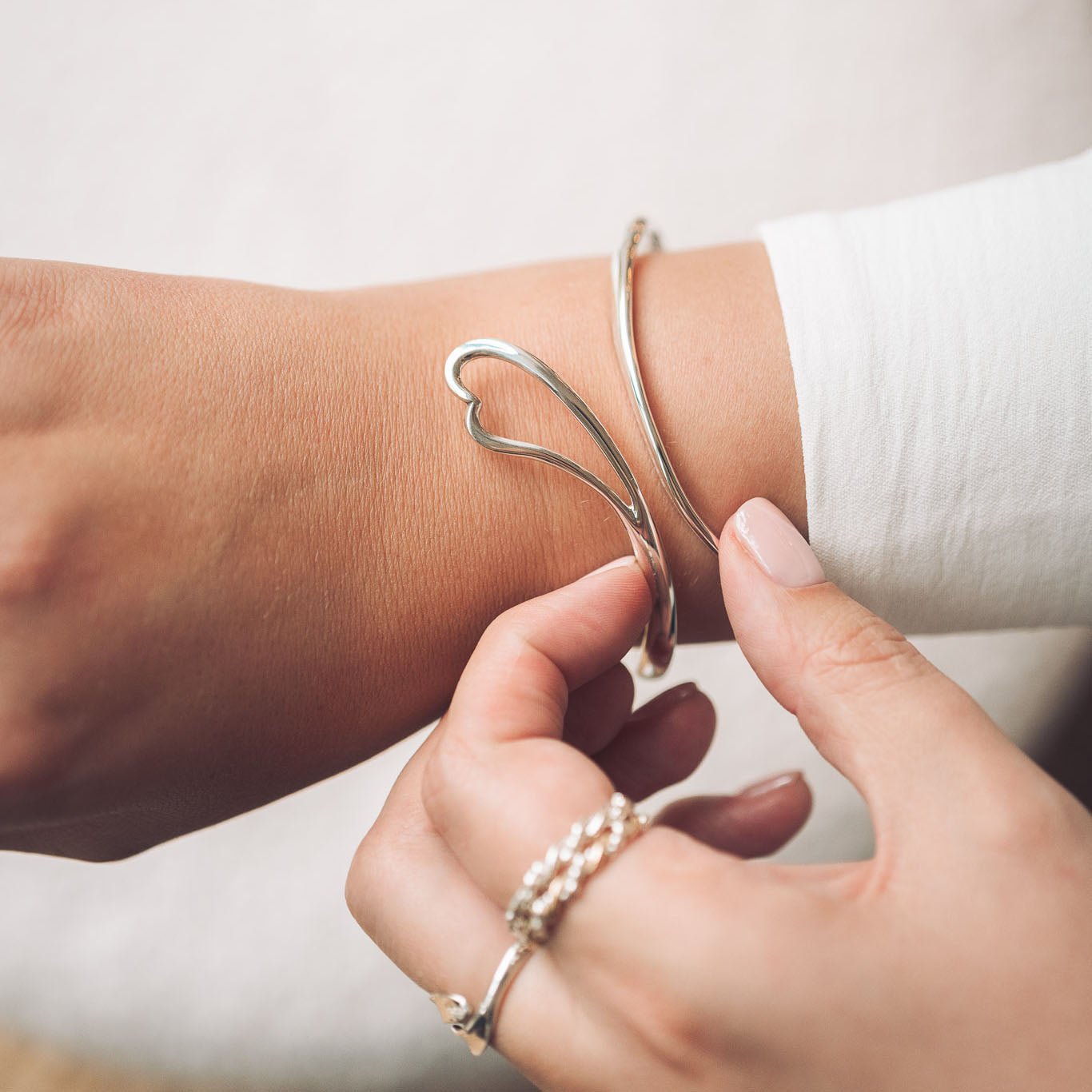 Open heart silver bangle handmade