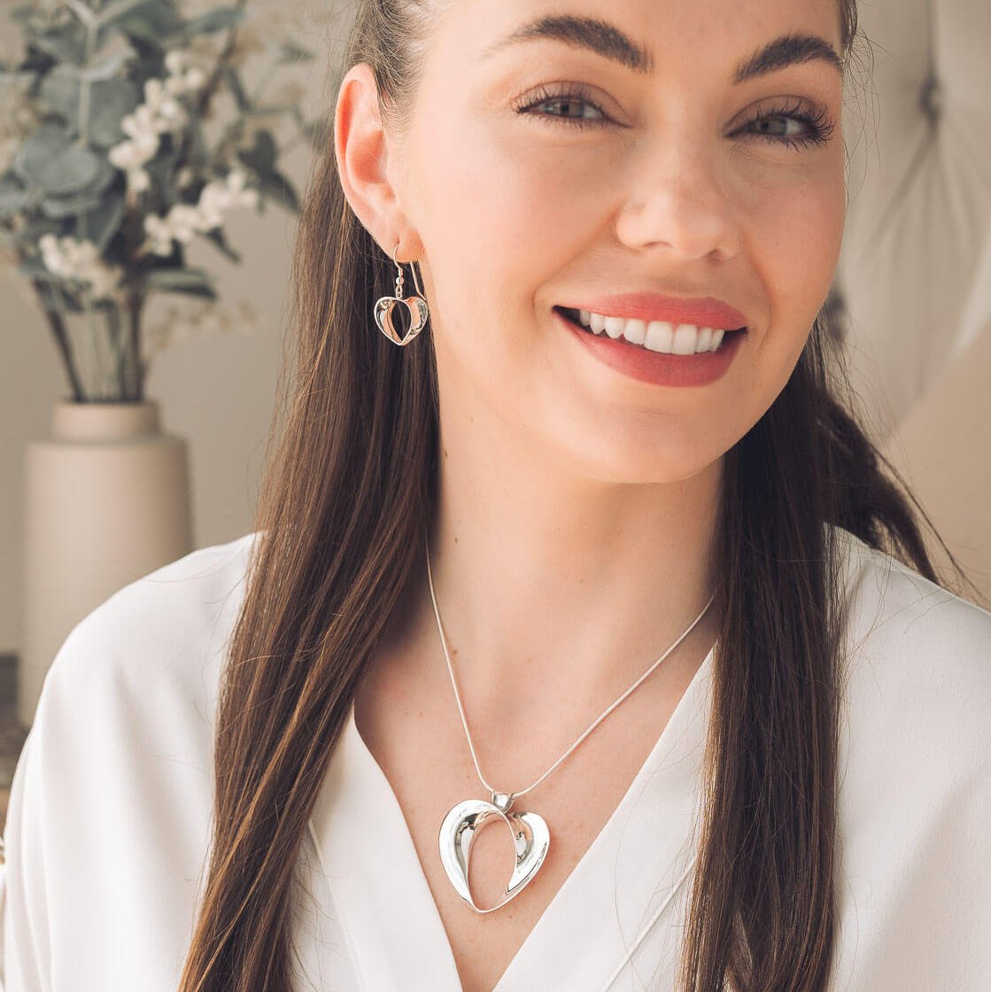 Florence Silver Heart Necklace and Earring Set - Handmade Jewellery