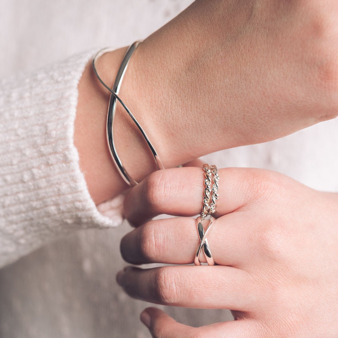 Handmade Silver Isla Bangle with Crossover design
