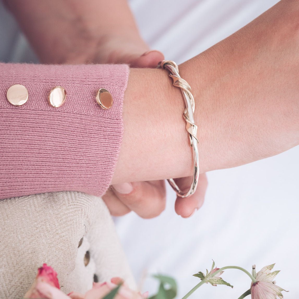 Handmade Sterling Silver Bangle with 9ct Gold Twisted Ribbon Detail