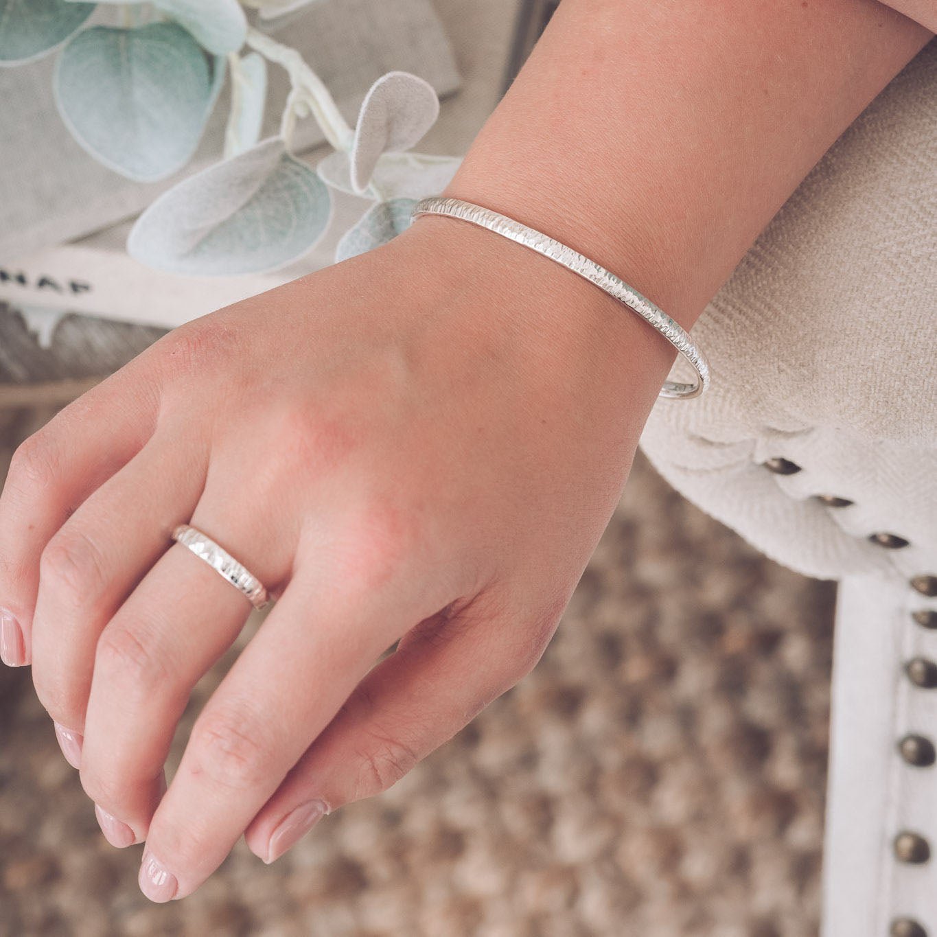 Handmade Linear Textured Silver EZ Bangle