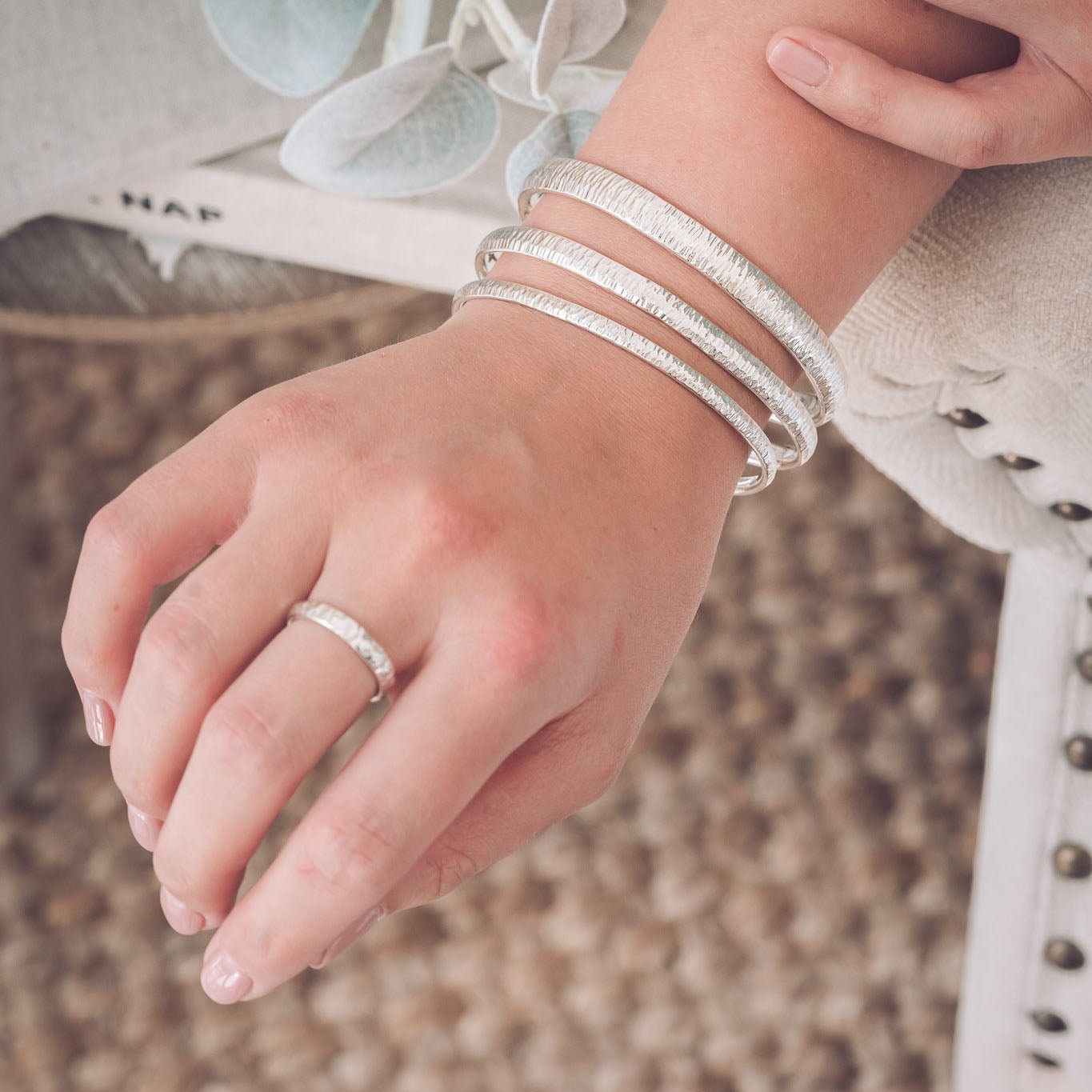 Handmade Linear Textured Silver EZ Bangle