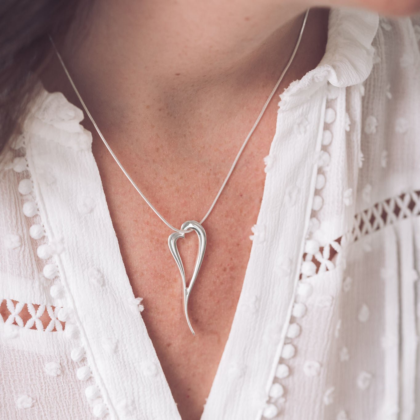 Sterling Silver Zoe Heart Pendant 45mm Curve to Tip, Curved Open Heart Design