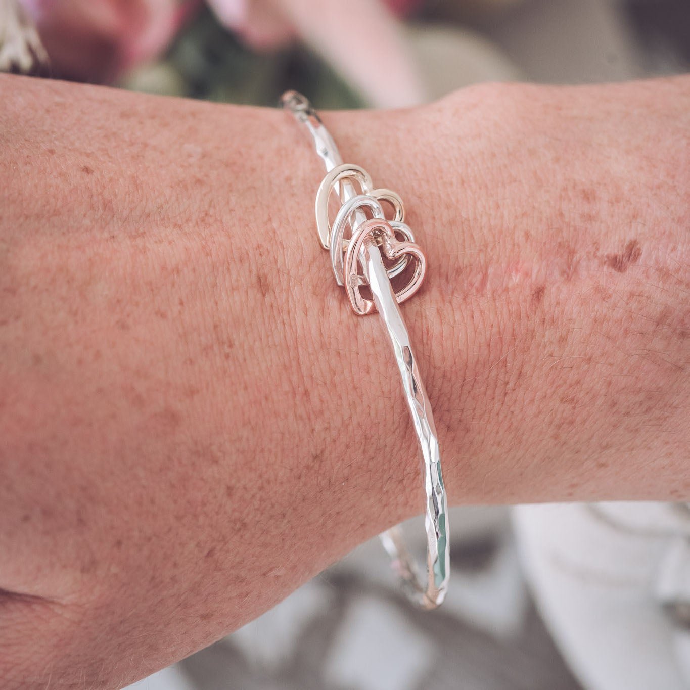9ct Yellow Gold, Rose Gold and Silver Handmade Heart Bangle
