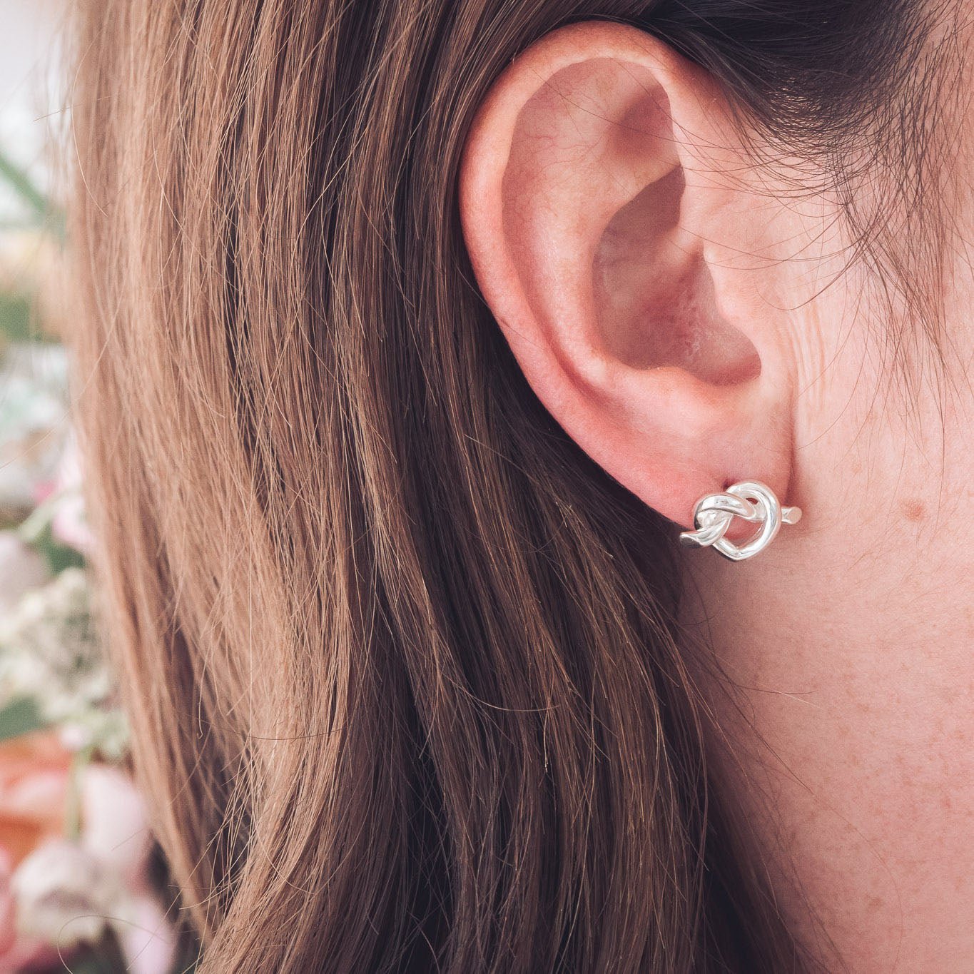 Handcrafted Heart Knot Stud Silver Earrings