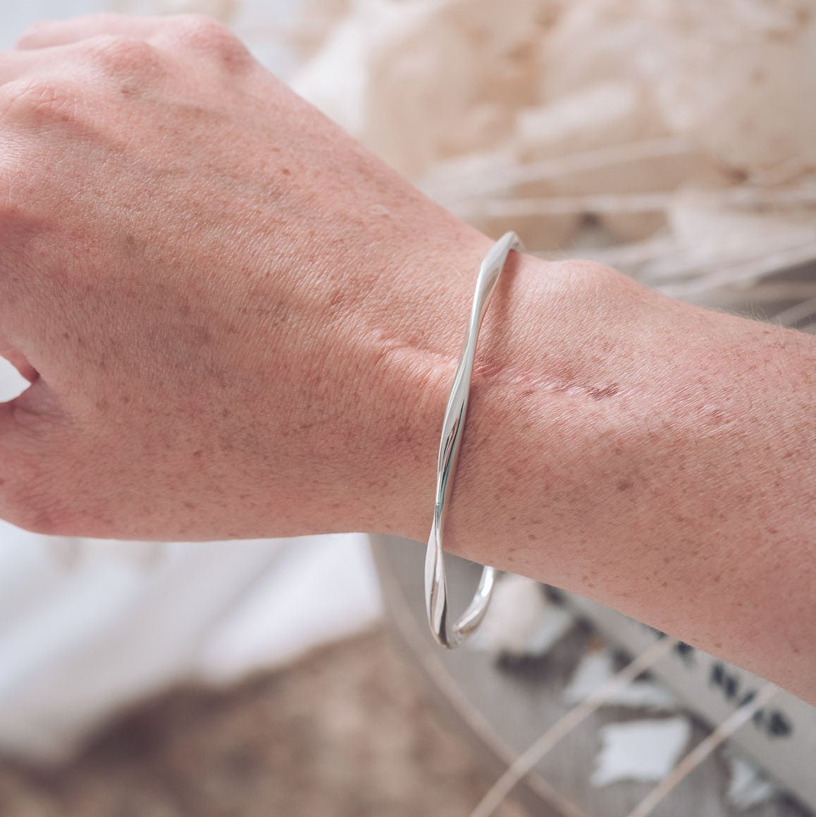 Tightly Twisted Round Silver Bangle