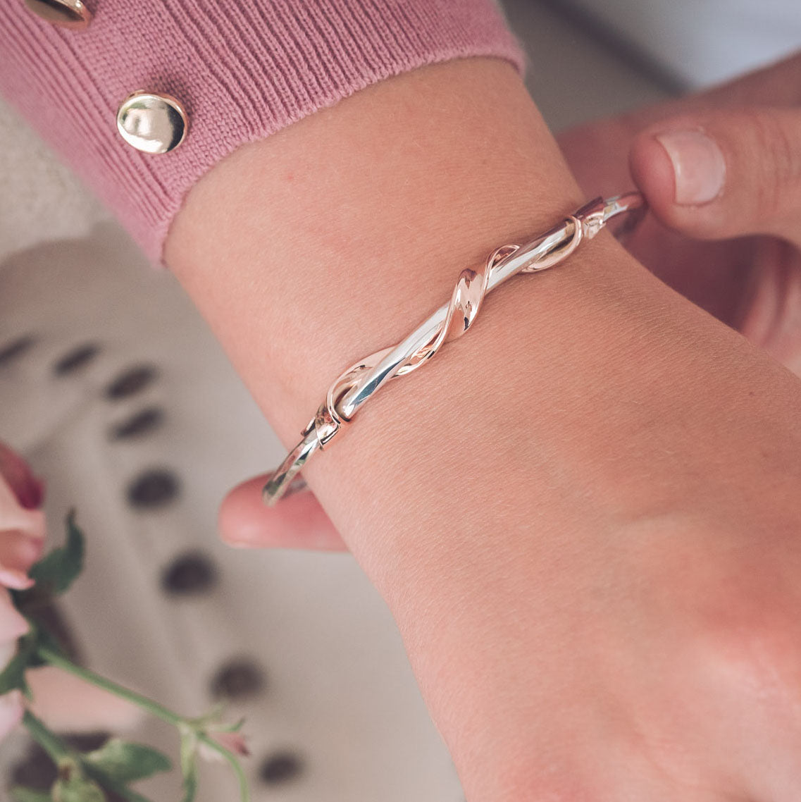 Handmade Silver Bangle with 9ct Rose Gold Twisted Ribbon Detail