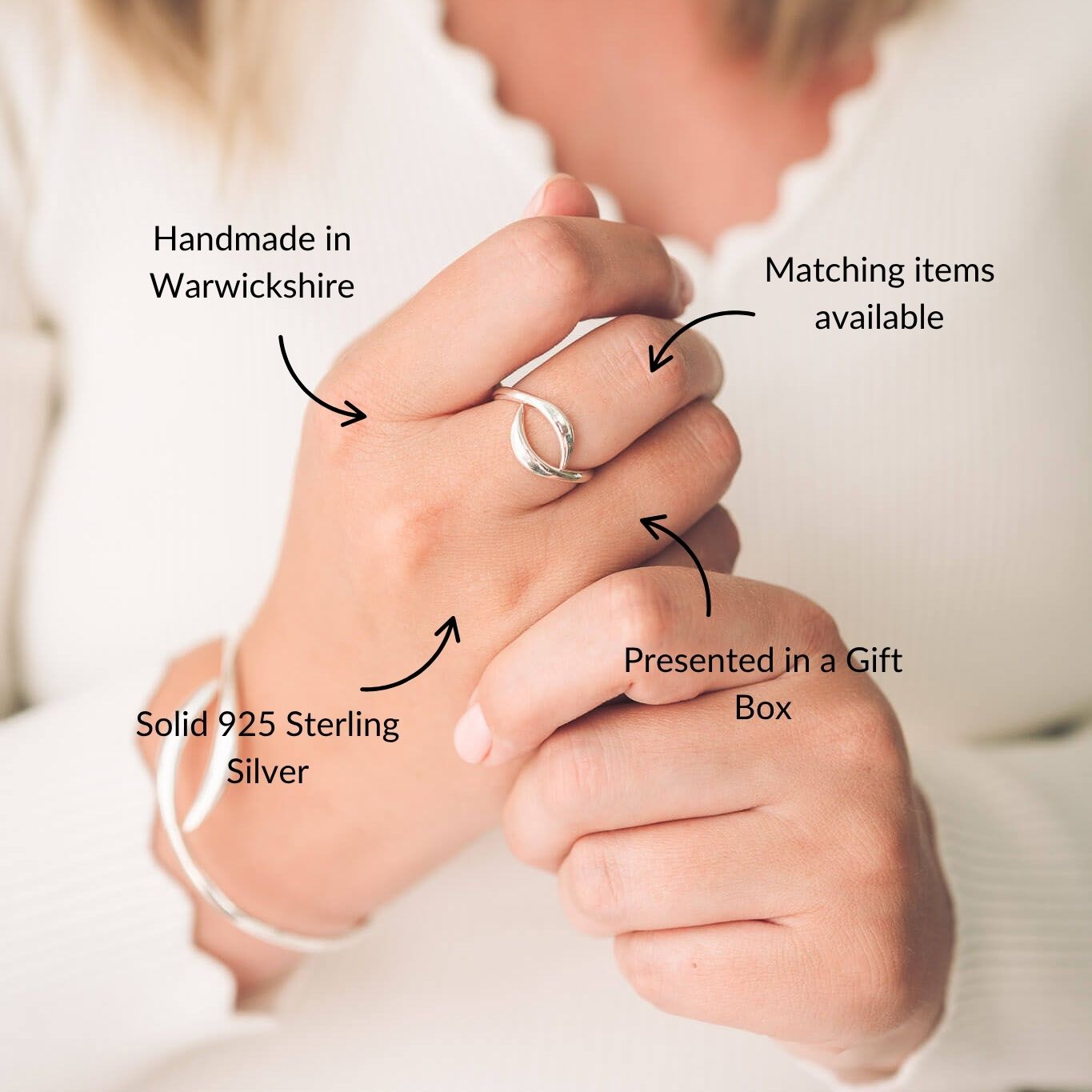 Two hands holding a silver ring with text indicating features like 'Handmade in Warwickshire', 'Solid 925 Sterling Silver', and 'Presented in a Gift Box'.