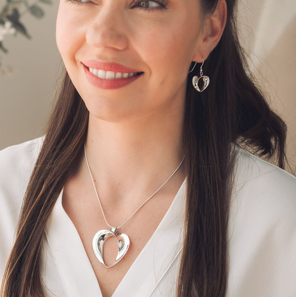 Florence Silver Heart Necklace and Earring Set - Handmade Jewellery