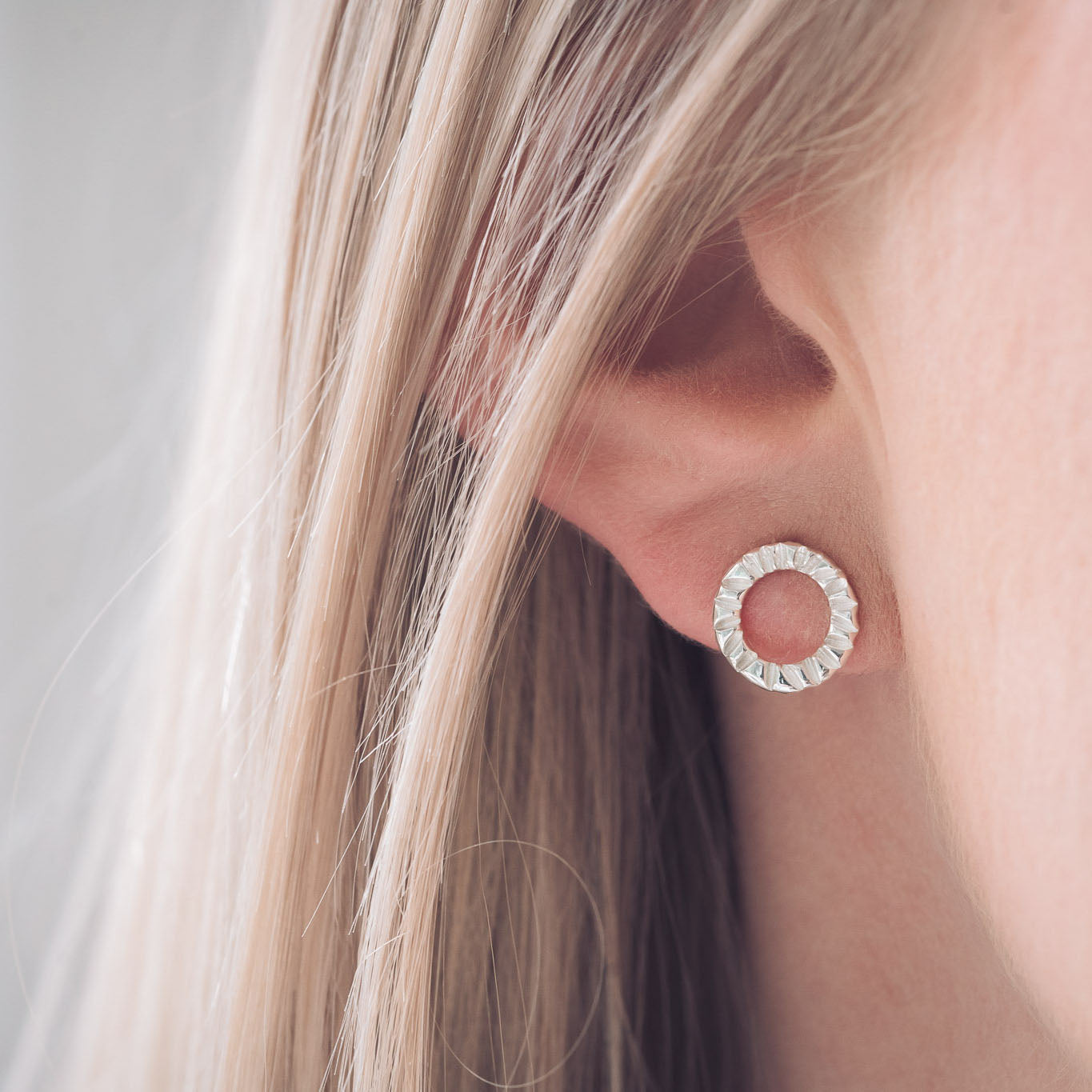 Handcrafted Round Textured Silver Elena Stud Earrings