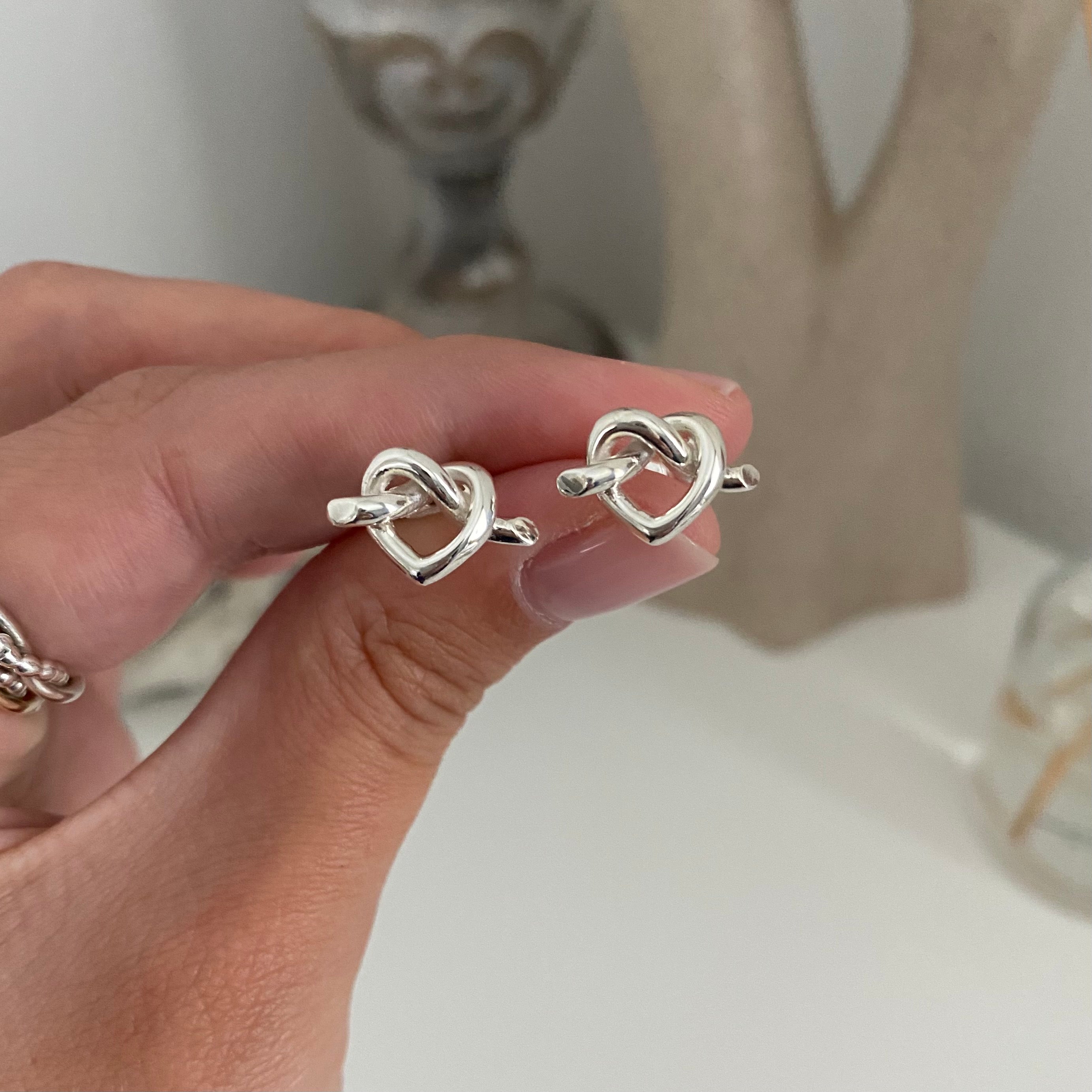 Handcrafted Heart Knot Stud Silver Earrings